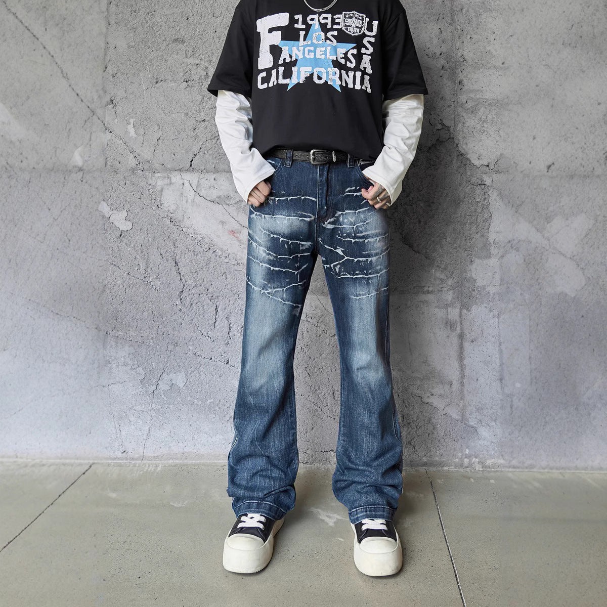 Retro Washed Lightning Pattern Men's Long Pants, INS Autumn Trendy Streetwear, Cool and Versatile Slightly Flared Jeans