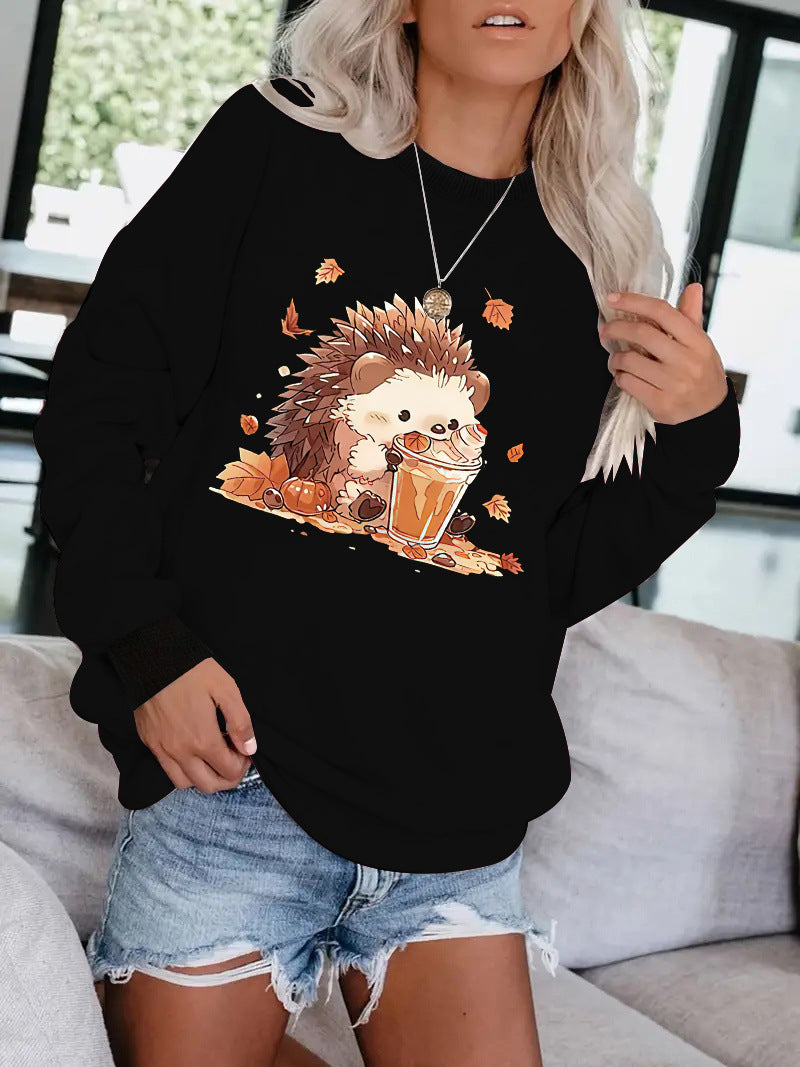 Hedgehog drink pattern printed round neck hoodie for women