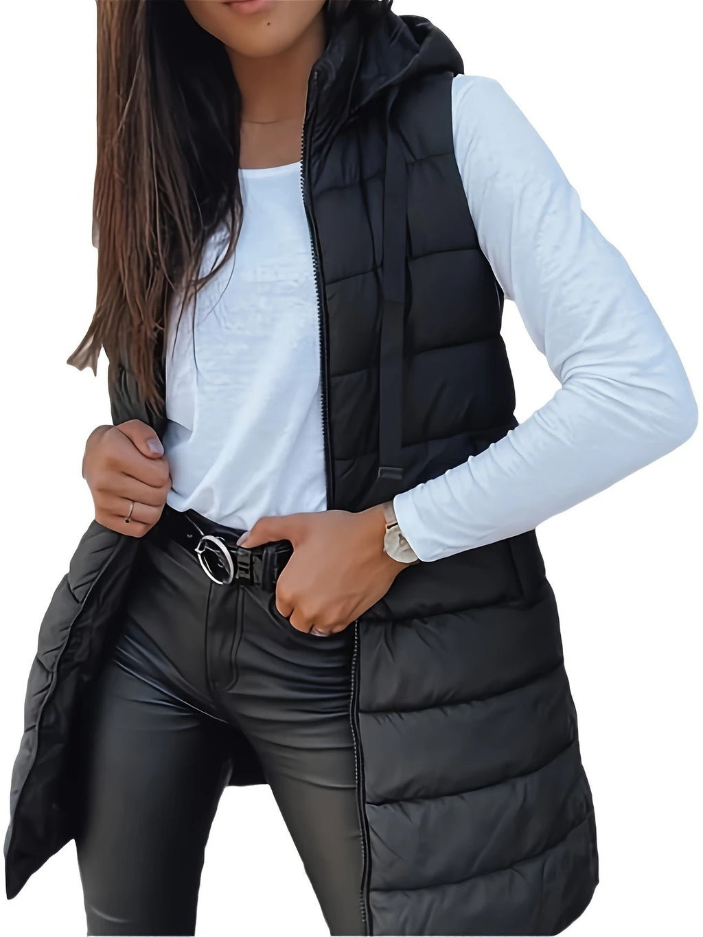 Solid color medium long vest hooded slim fit sleeveless jacket for women
