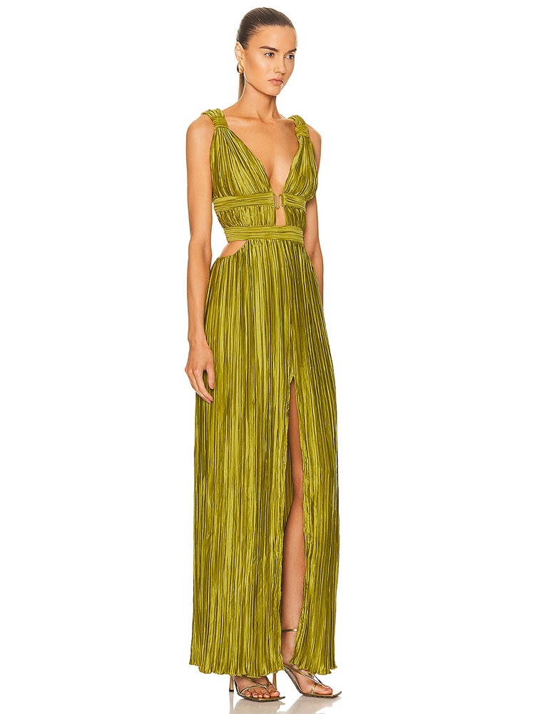 Sexy Sleeveless V Neck Hollowe Out Long Dress Women Green Straps Backless High Waist Pleated Split Maxi Dress Party Evening Dres