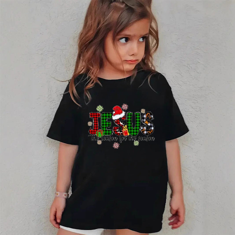 Combed Cotton New Christmas Children's Short Sleeve Girls' T-Shirt Kids Clothing Boys' Short Sleeve