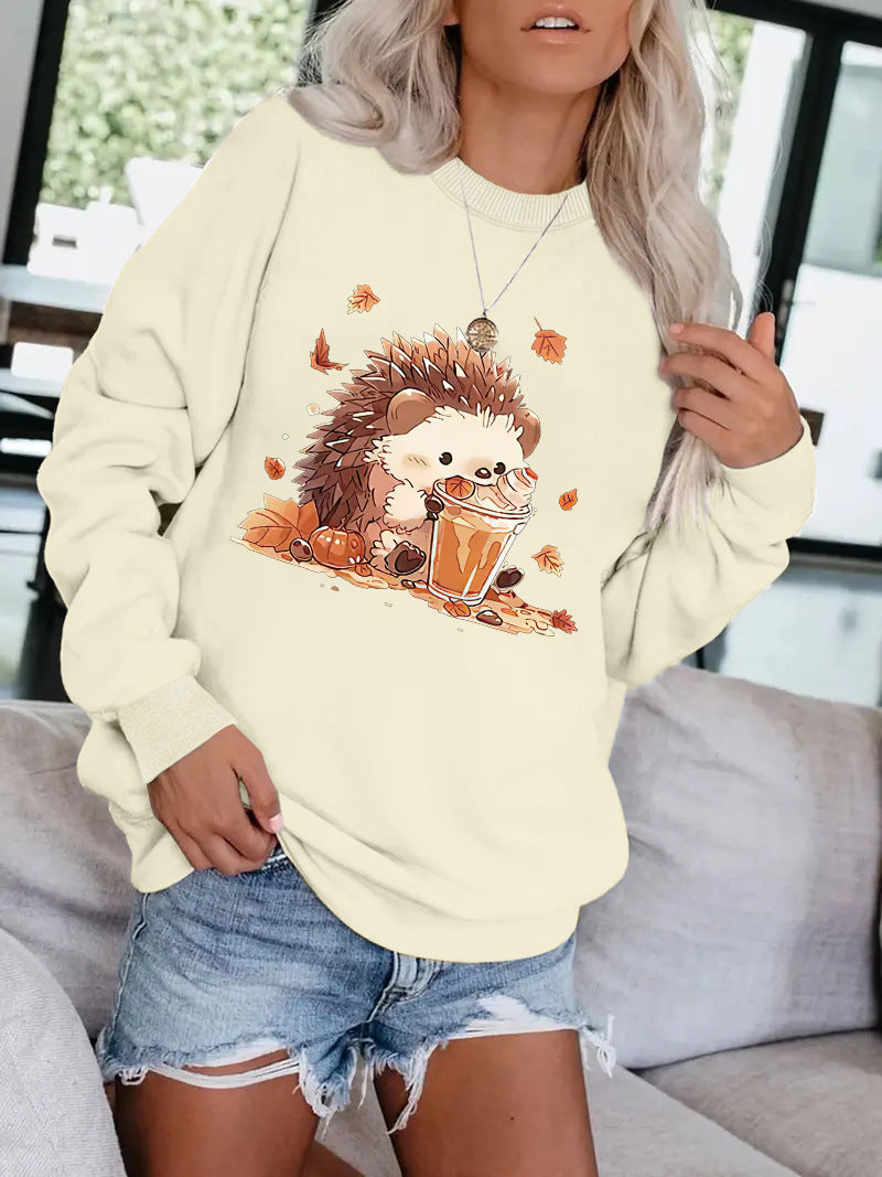 Hedgehog drink pattern printed round neck hoodie for women