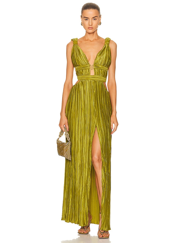 Sexy Sleeveless V Neck Hollowe Out Long Dress Women Green Straps Backless High Waist Pleated Split Maxi Dress Party Evening Dres