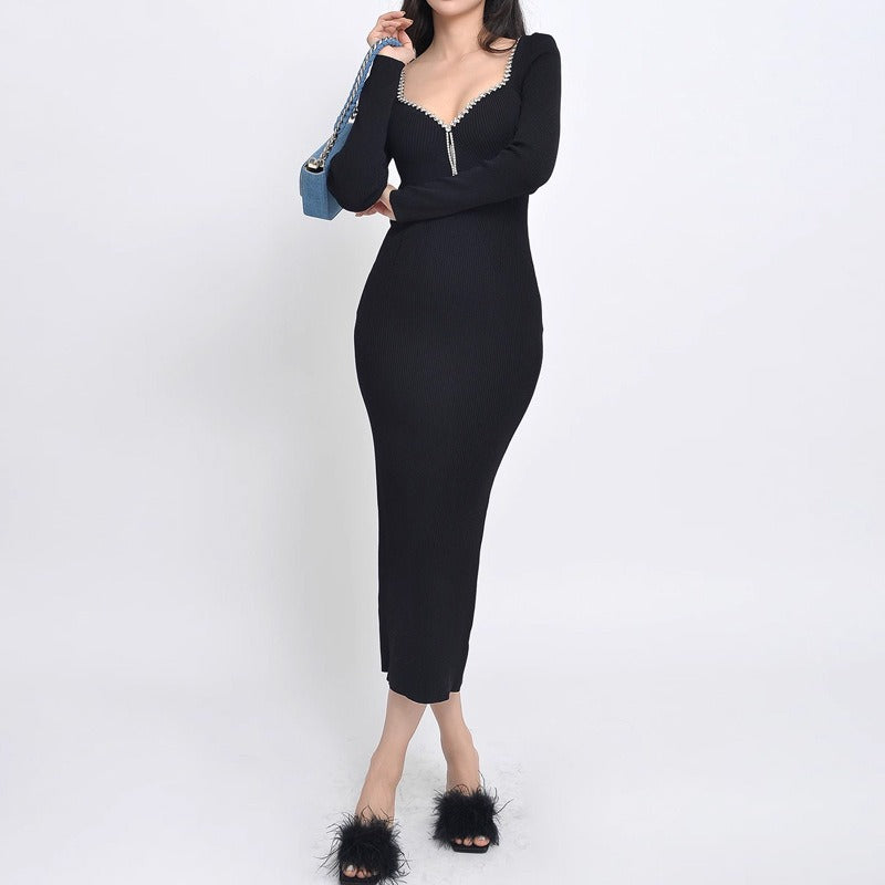 V-neck backless knitted dress women's rhinestone trim square collar sexy slim-fit cover buttocks