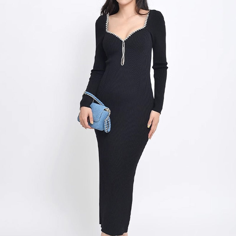 V-neck backless knitted dress women's rhinestone trim square collar sexy slim-fit cover buttocks