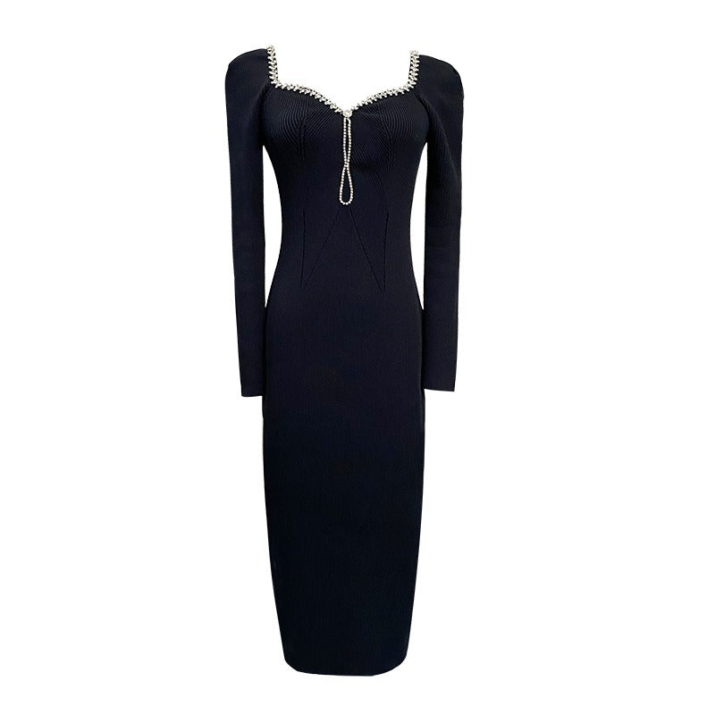 V-neck backless knitted dress women's rhinestone trim square collar sexy slim-fit cover buttocks