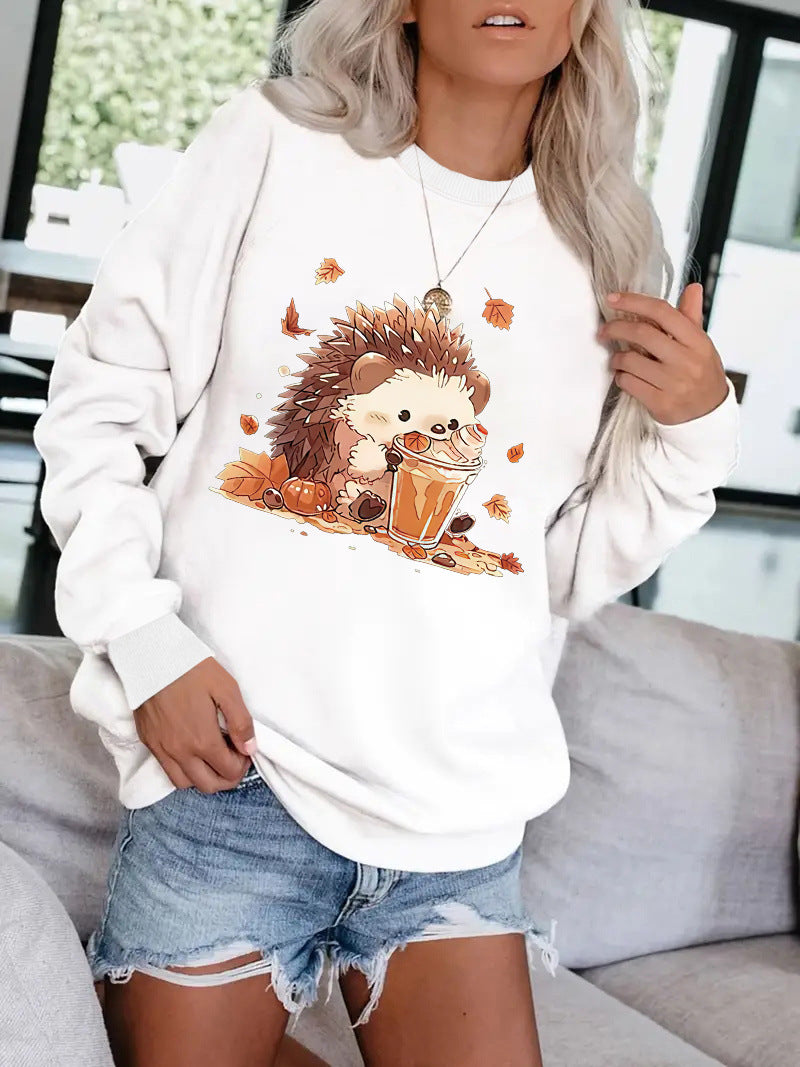Hedgehog drink pattern printed round neck hoodie for women