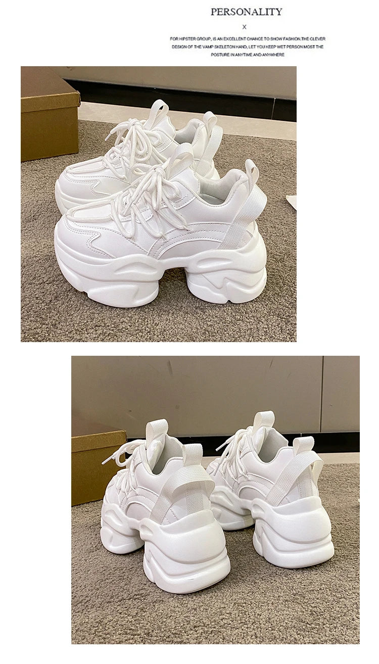 Black Women Chunky Leather Sneakers High Platform Ulzzang Sports Shoes New 2022 Autumn Thick Bottom Women's Wedge Casual Shoes