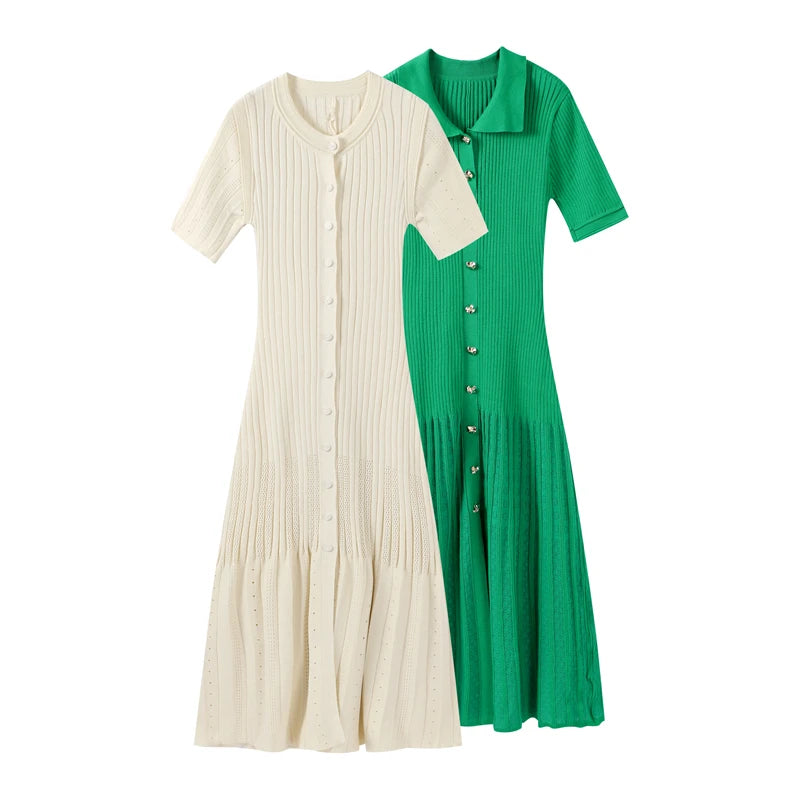 Elegant Knitted Dress Women Solid Single Breasted O Neck Short Sleeve High Waist Hip Package Dresses 2025 Autumn Chic Robes Lady