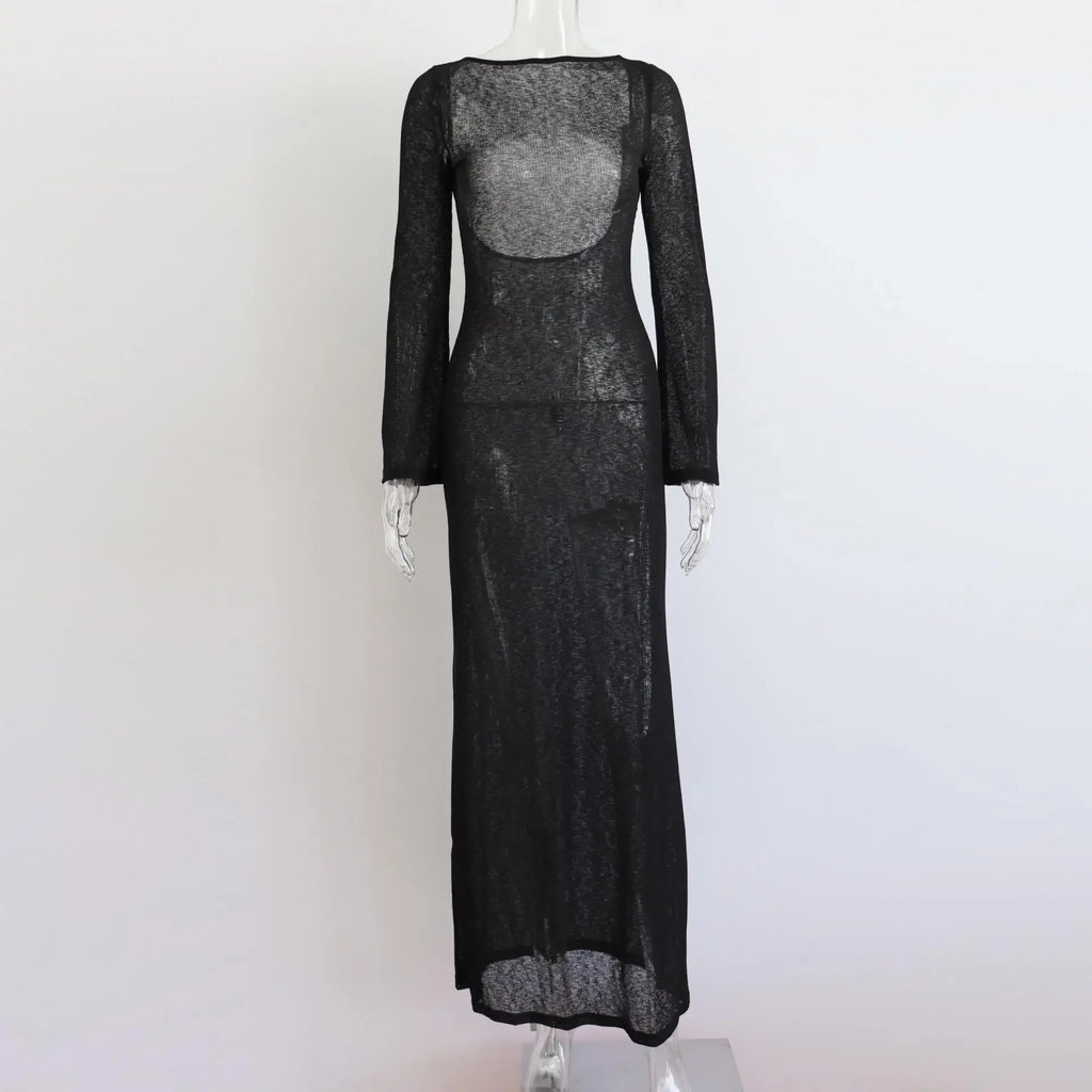 White Backless See-through Long Dress Women's Summer Slim High Waist Spliced Long Sleeve Solid Color Beach Long Dress