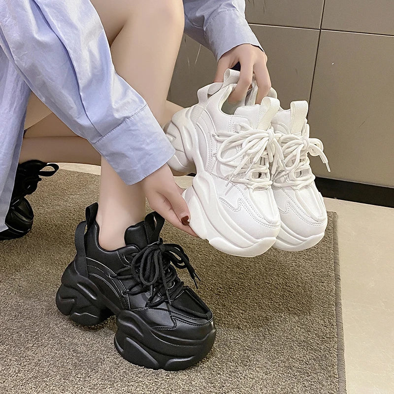 Black Women Chunky Leather Sneakers High Platform Ulzzang Sports Shoes New 2022 Autumn Thick Bottom Women's Wedge Casual Shoes