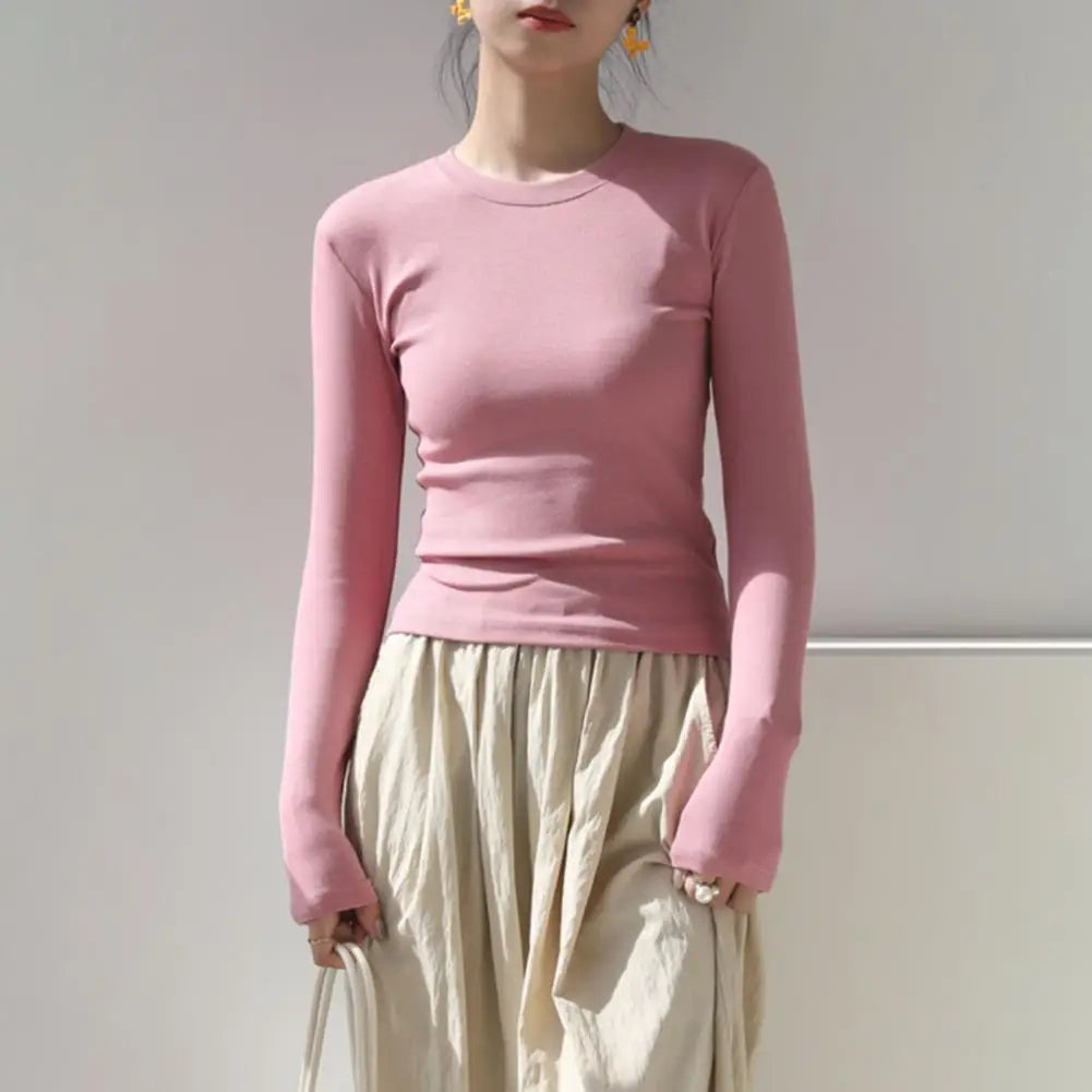 Women T-shirt Sexy Cropped Tops Solid Color Cotton Tee Shirt Autumn Casual Skinny Slim Basic T Shirts Bottom Long Sleeved Tops