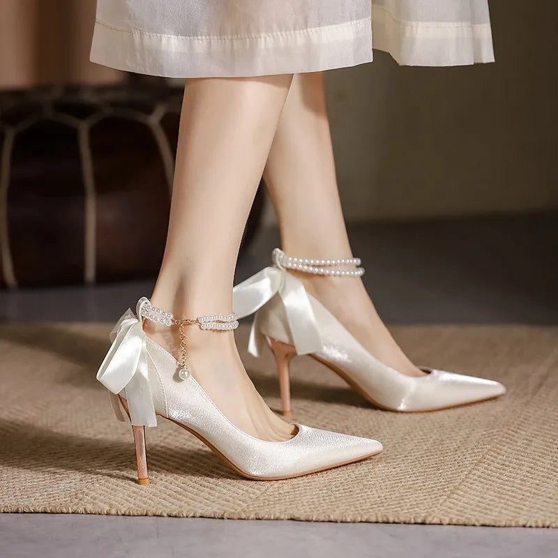 Maogu Satin Rhinestone Crystal Shallow Pumps Stiletto High Heel Luxury Women's Shoe 2023 Spring White Women Bridal Wedding Shoes
