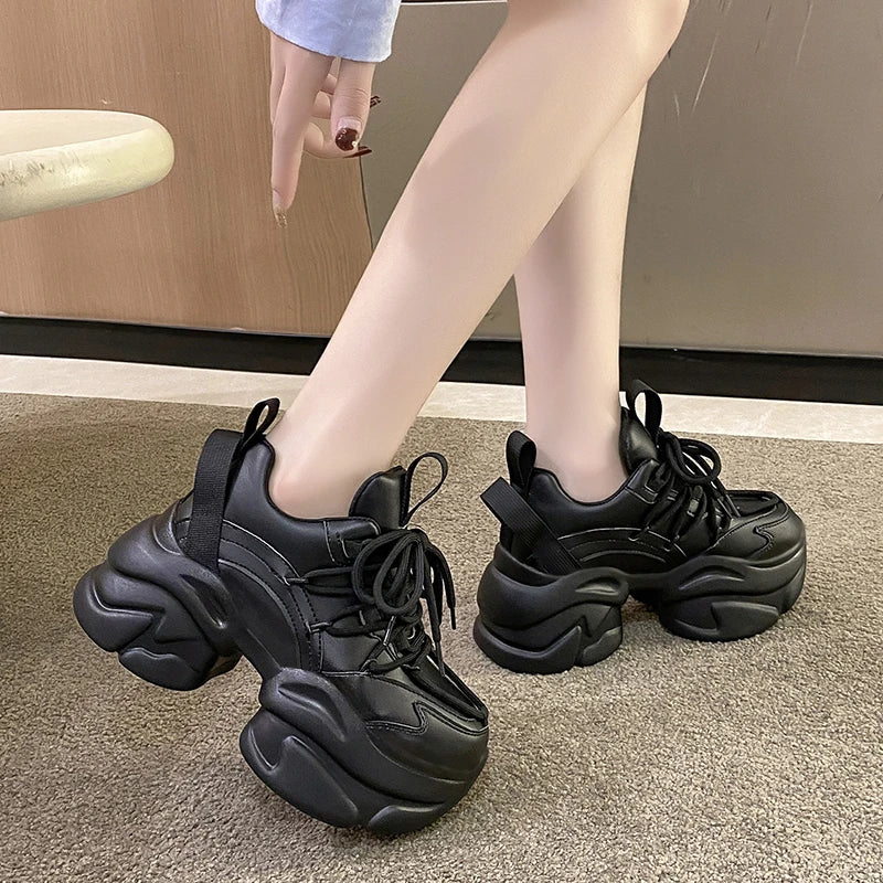 Black Women Chunky Leather Sneakers High Platform Ulzzang Sports Shoes New 2022 Autumn Thick Bottom Women's Wedge Casual Shoes