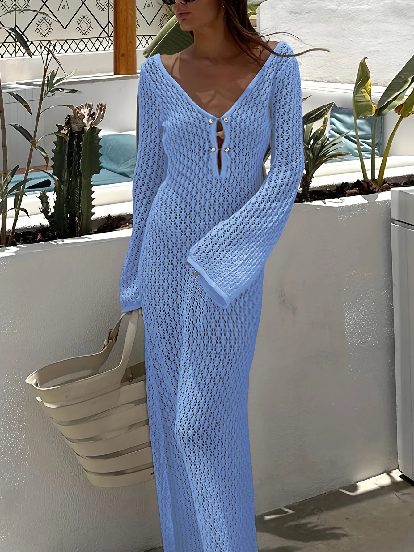 Sexy Women White Long Knit Sleeve Bikin Fashion Cover up Female See-Through Deep V-Neck Hollow-Out Beach Knitwear Backless Dress