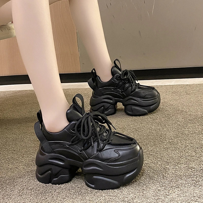Black Women Chunky Leather Sneakers High Platform Ulzzang Sports Shoes New 2022 Autumn Thick Bottom Women's Wedge Casual Shoes