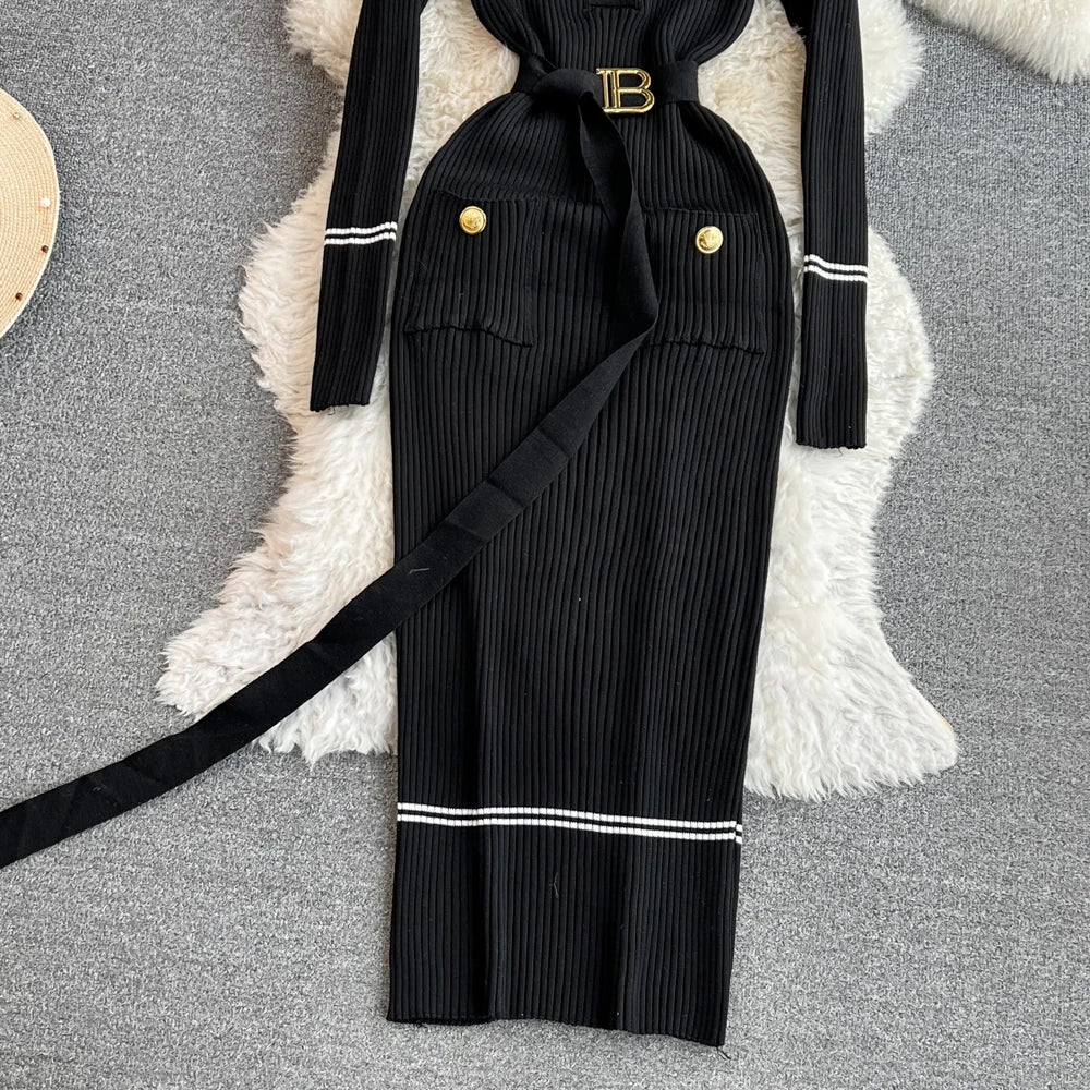 Women Dress 2025 Autumn Winter Elegant Rib Knit Long Pencil Dress with Belt Office Lady Bodycon Sweater Dress Vestidos
