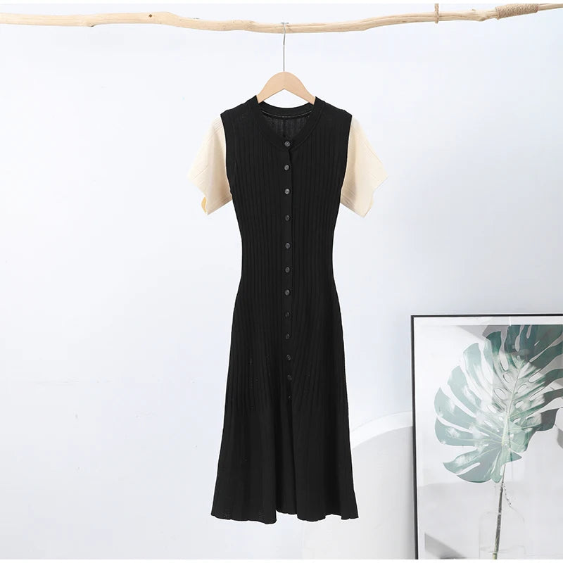 Elegant Knitted Dress Women Solid Single Breasted O Neck Short Sleeve High Waist Hip Package Dresses 2025 Autumn Chic Robes Lady