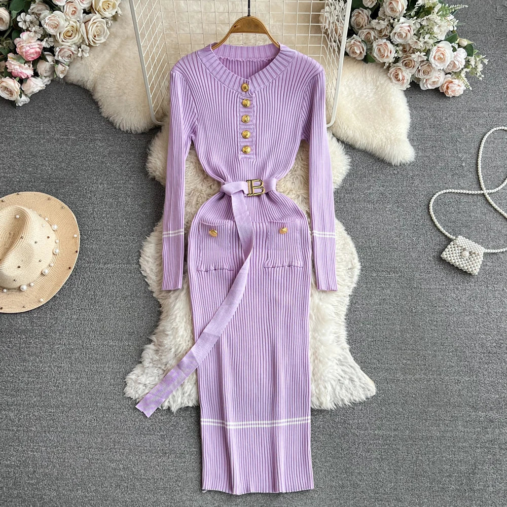 Women Dress 2025 Autumn Winter Elegant Rib Knit Long Pencil Dress with Belt Office Lady Bodycon Sweater Dress Vestidos