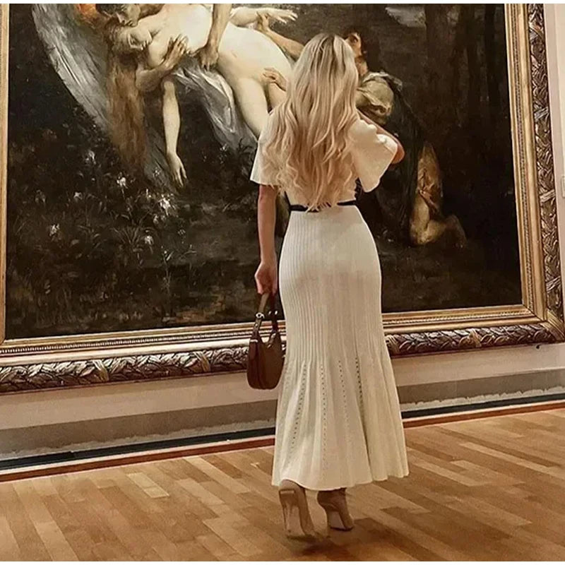 Elegant Knitted Dress Women Solid Single Breasted O Neck Short Sleeve High Waist Hip Package Dresses 2025 Autumn Chic Robes Lady