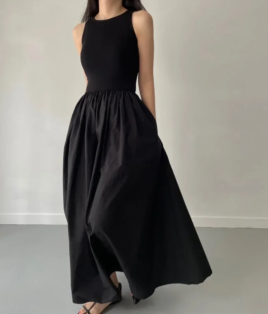 New Summer Simple Elegant Black Long Dresses For Women Round Neck Sleeveless High Waist Temperament Female Fashion Style Dress