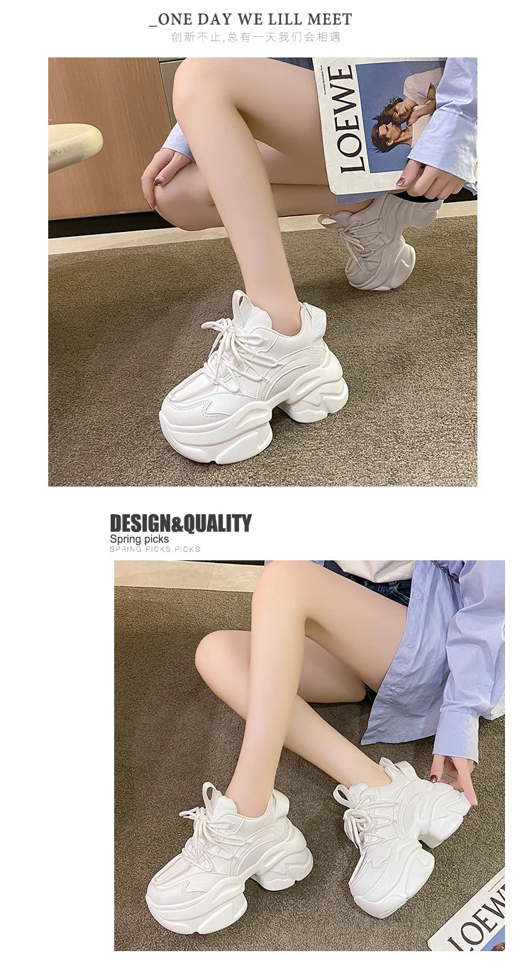 Black Women Chunky Leather Sneakers High Platform Ulzzang Sports Shoes New 2022 Autumn Thick Bottom Women's Wedge Casual Shoes