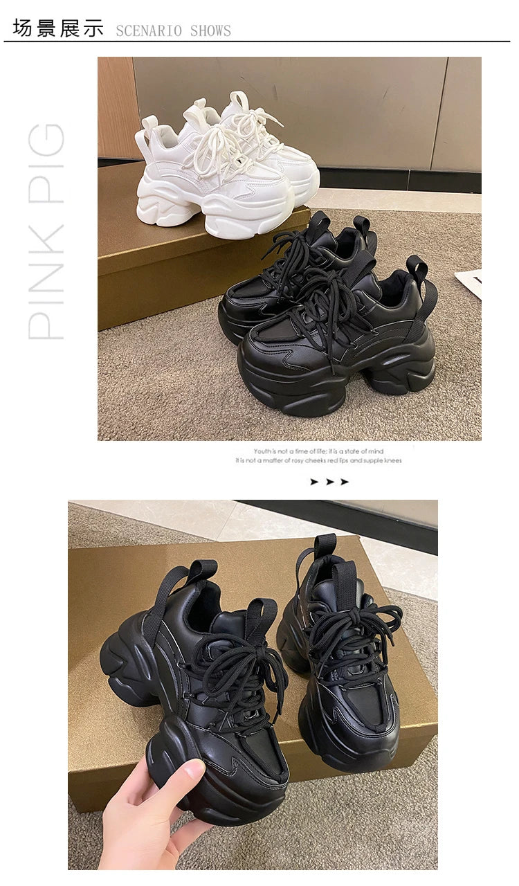 Black Women Chunky Leather Sneakers High Platform Ulzzang Sports Shoes New 2022 Autumn Thick Bottom Women's Wedge Casual Shoes