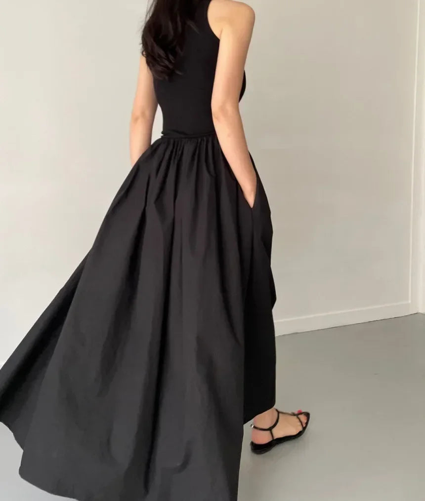 New Summer Simple Elegant Black Long Dresses For Women Round Neck Sleeveless High Waist Temperament Female Fashion Style Dress