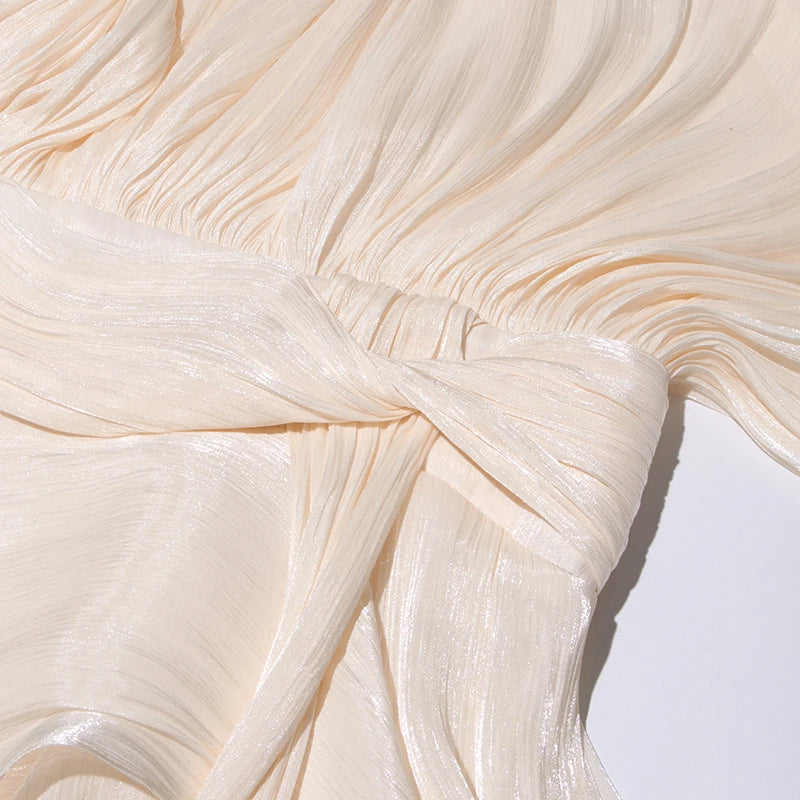 TWOTWINSTYLE Elegant Ruched Mini Dress For Women Round Neck Lantern Long Sleeve High Waist Temperament Dresses Female Fashion