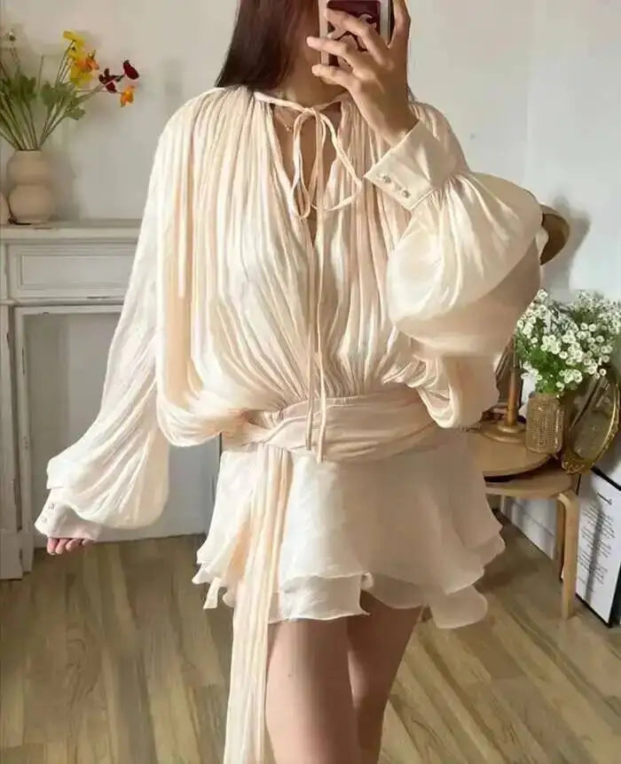 Beige Top Solid Blouse Mini Dresses For Women V Neck Long Sleeve Spliced Lace Up Sweet Style Dress Female Clothing Fashion  P7WI