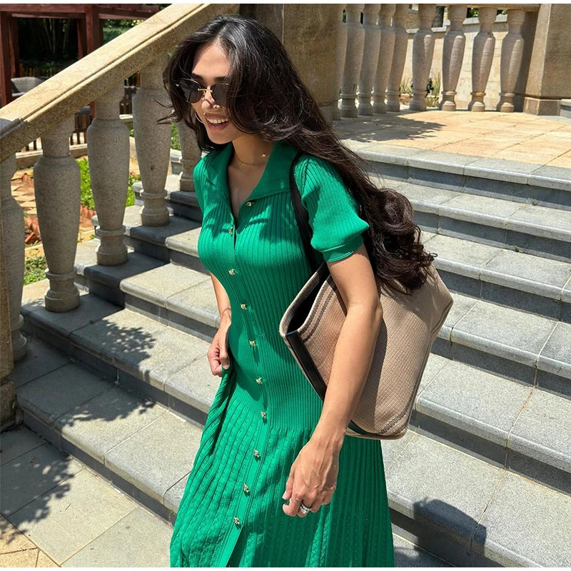 Elegant Knitted Dress Women Solid Single Breasted O Neck Short Sleeve High Waist Hip Package Dresses 2025 Autumn Chic Robes Lady