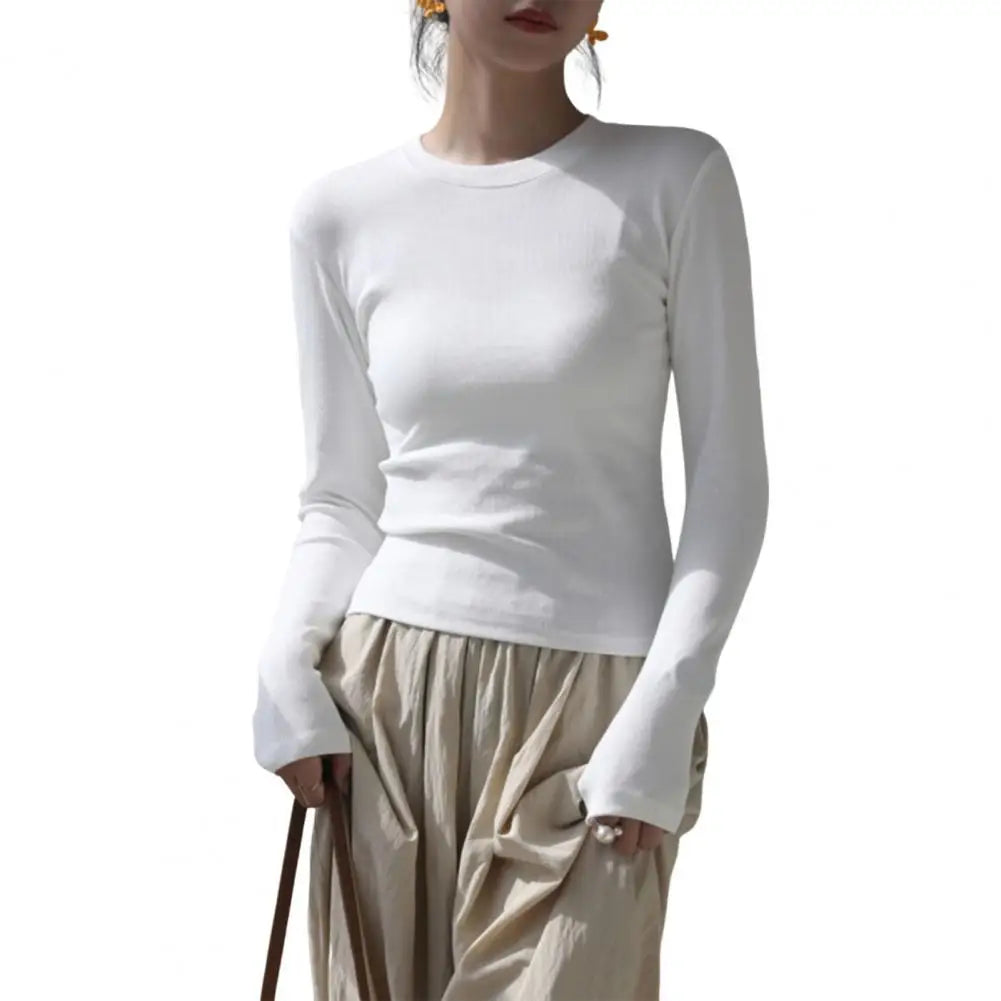 Women T-shirt Sexy Cropped Tops Solid Color Cotton Tee Shirt Autumn Casual Skinny Slim Basic T Shirts Bottom Long Sleeved Tops