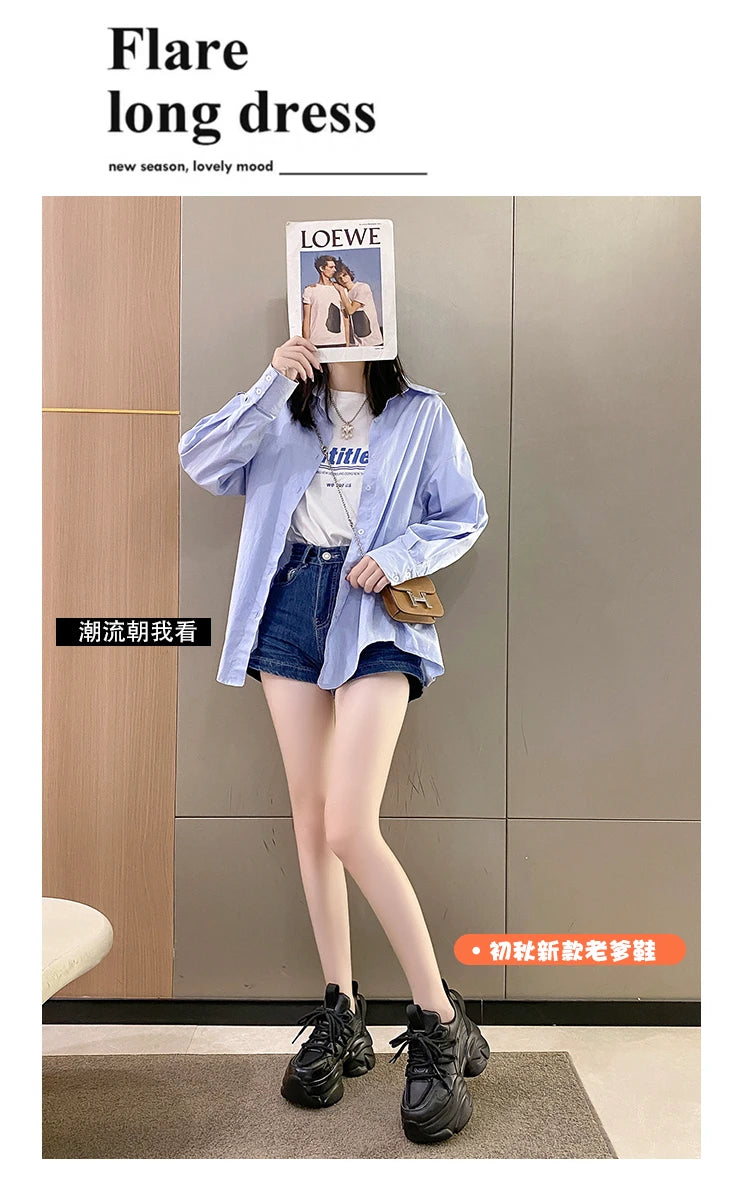 Black Women Chunky Leather Sneakers High Platform Ulzzang Sports Shoes New 2022 Autumn Thick Bottom Women's Wedge Casual Shoes