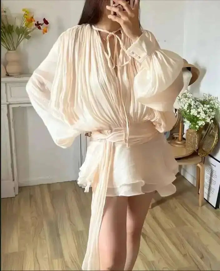 Beige Top Solid Blouse Mini Dresses For Women V Neck Long Sleeve Spliced Lace Up Sweet Style Dress Female Clothing Fashion  P7WI