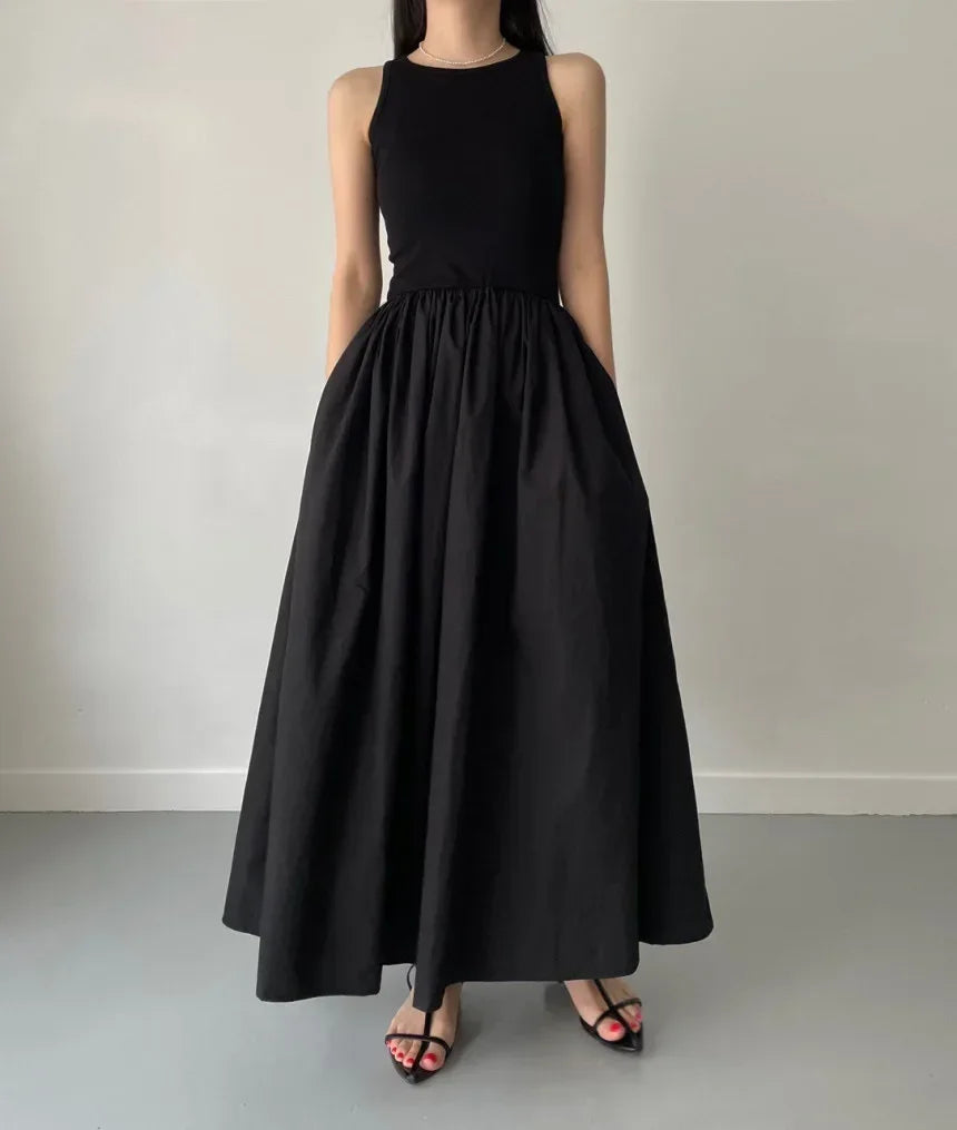 New Summer Simple Elegant Black Long Dresses For Women Round Neck Sleeveless High Waist Temperament Female Fashion Style Dress