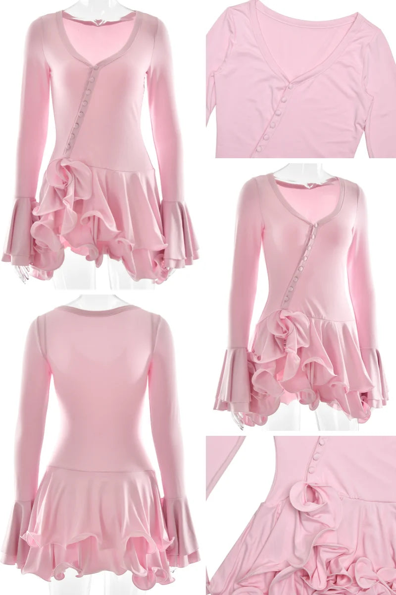 Absobe Women's A-Line Bodycon Mini Dress Ruffle Hem V-Neck Asymmetrical Buttons Long Sleeve Short Dress Party Streetwear Outfits