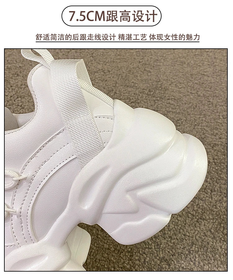 Black Women Chunky Leather Sneakers High Platform Ulzzang Sports Shoes New 2022 Autumn Thick Bottom Women's Wedge Casual Shoes