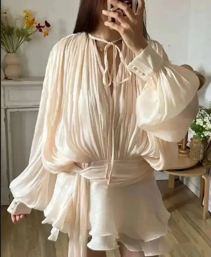 Beige Top Solid Blouse Mini Dresses For Women V Neck Long Sleeve Spliced Lace Up Sweet Style Dress Female Clothing Fashion  P7WI