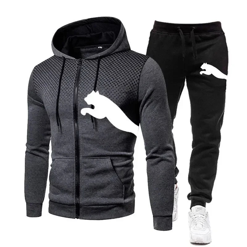 Autumn and winter casual men's sportswear set, fashionable outdoor jogging training men's hoodie jacket + pants 2-piece set
