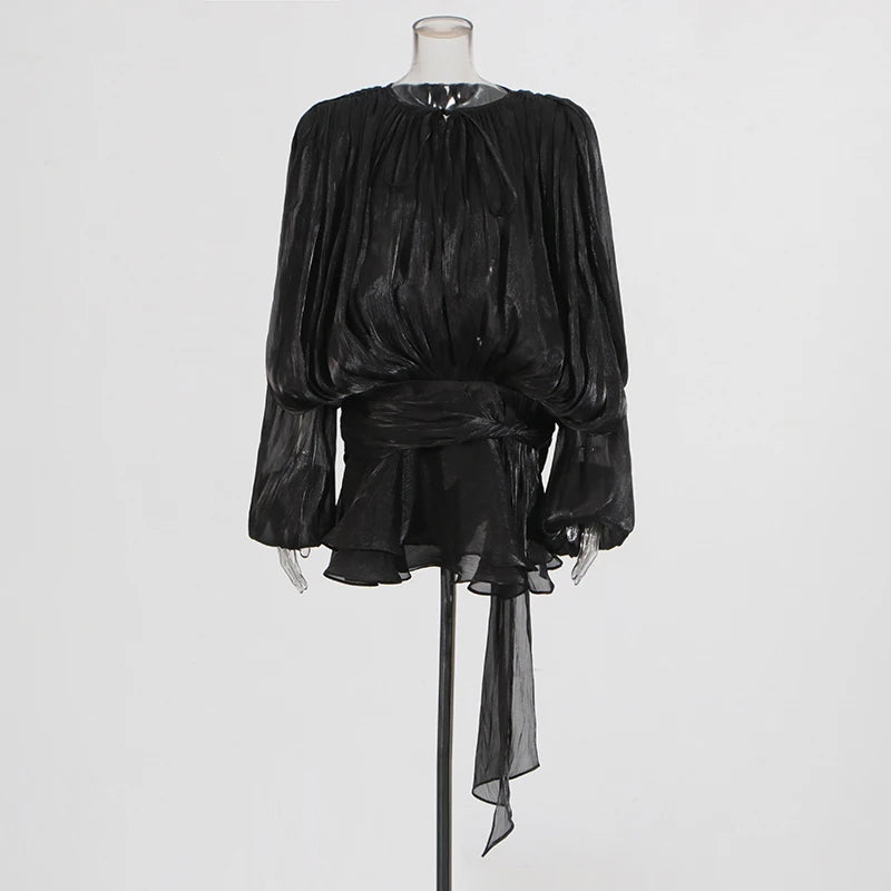 TWOTWINSTYLE Elegant Ruched Mini Dress For Women Round Neck Lantern Long Sleeve High Waist Temperament Dresses Female Fashion