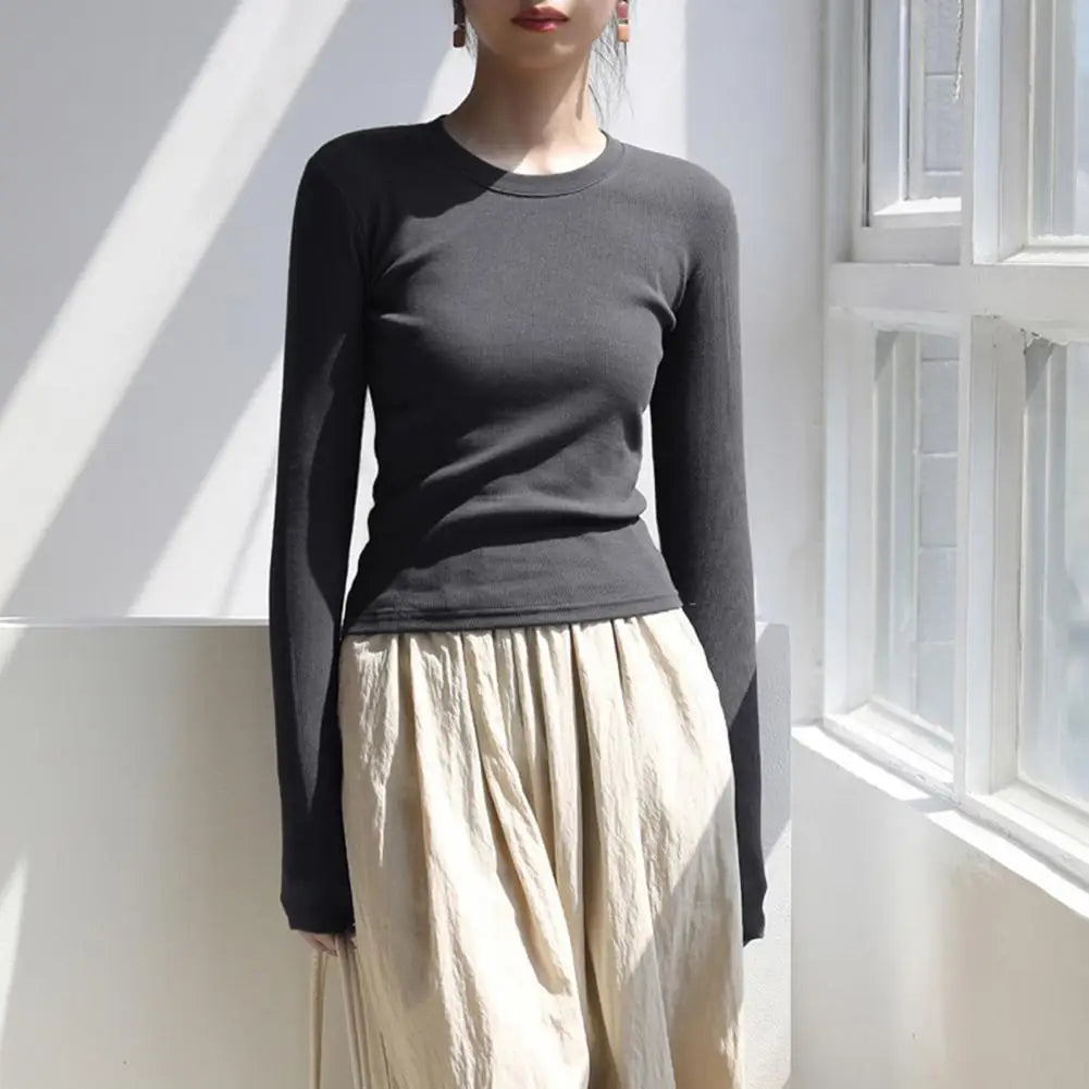 Women T-shirt Sexy Cropped Tops Solid Color Cotton Tee Shirt Autumn Casual Skinny Slim Basic T Shirts Bottom Long Sleeved Tops