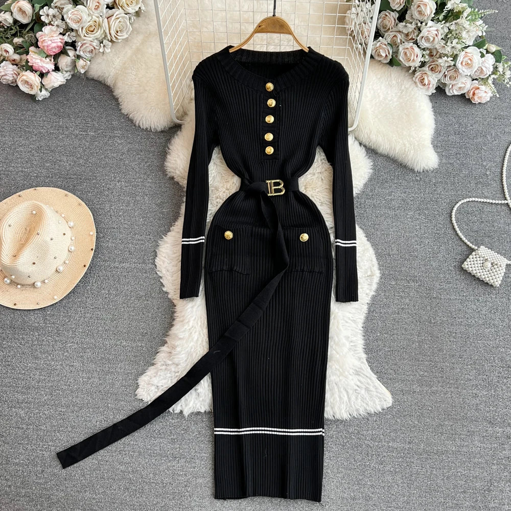 Women Dress 2025 Autumn Winter Elegant Rib Knit Long Pencil Dress with Belt Office Lady Bodycon Sweater Dress Vestidos