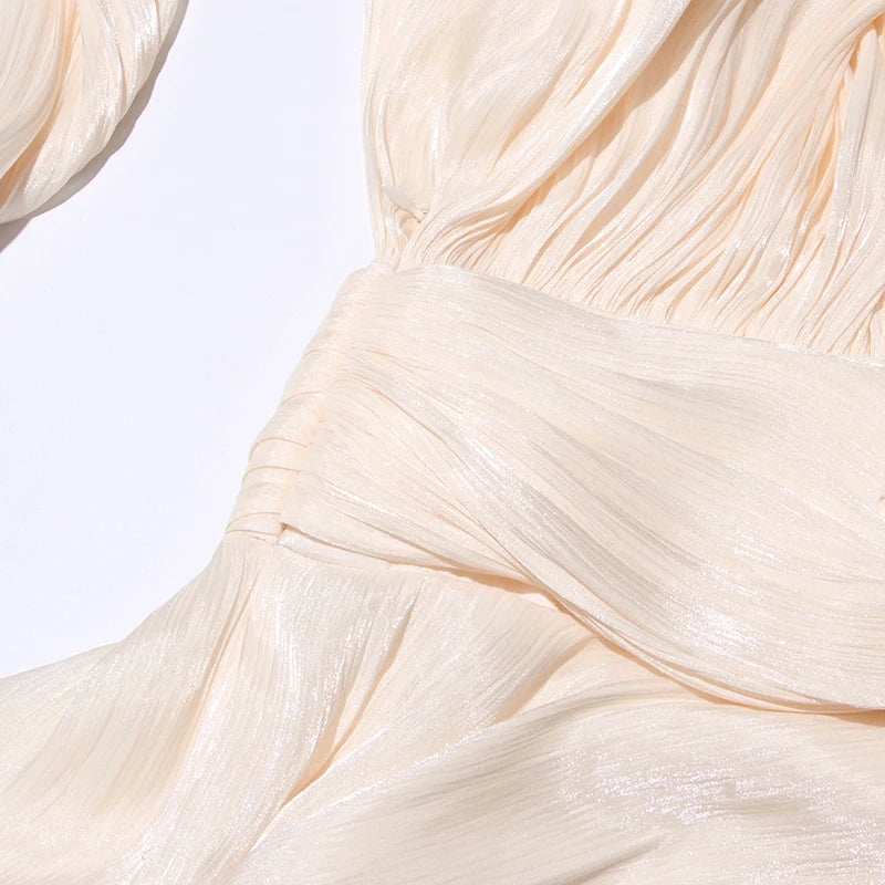 TWOTWINSTYLE Elegant Ruched Mini Dress For Women Round Neck Lantern Long Sleeve High Waist Temperament Dresses Female Fashion