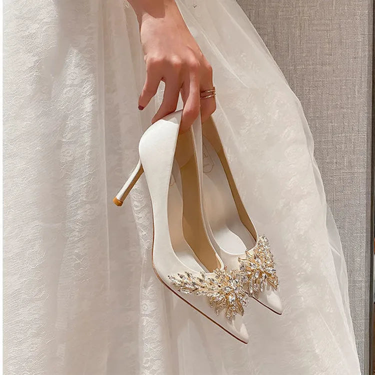 Maogu Satin Rhinestone Crystal Shallow Pumps Stiletto High Heel Luxury Women's Shoe 2023 Spring White Women Bridal Wedding Shoes