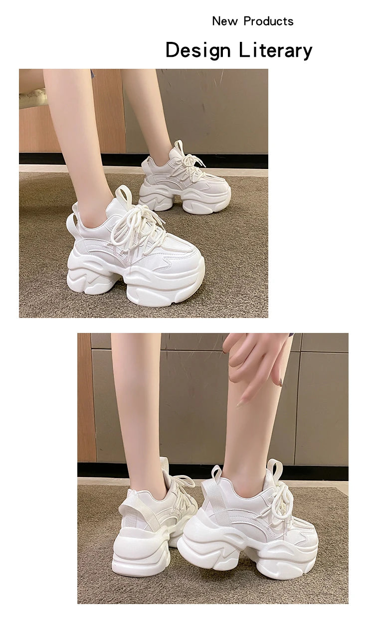 Black Women Chunky Leather Sneakers High Platform Ulzzang Sports Shoes New 2022 Autumn Thick Bottom Women's Wedge Casual Shoes