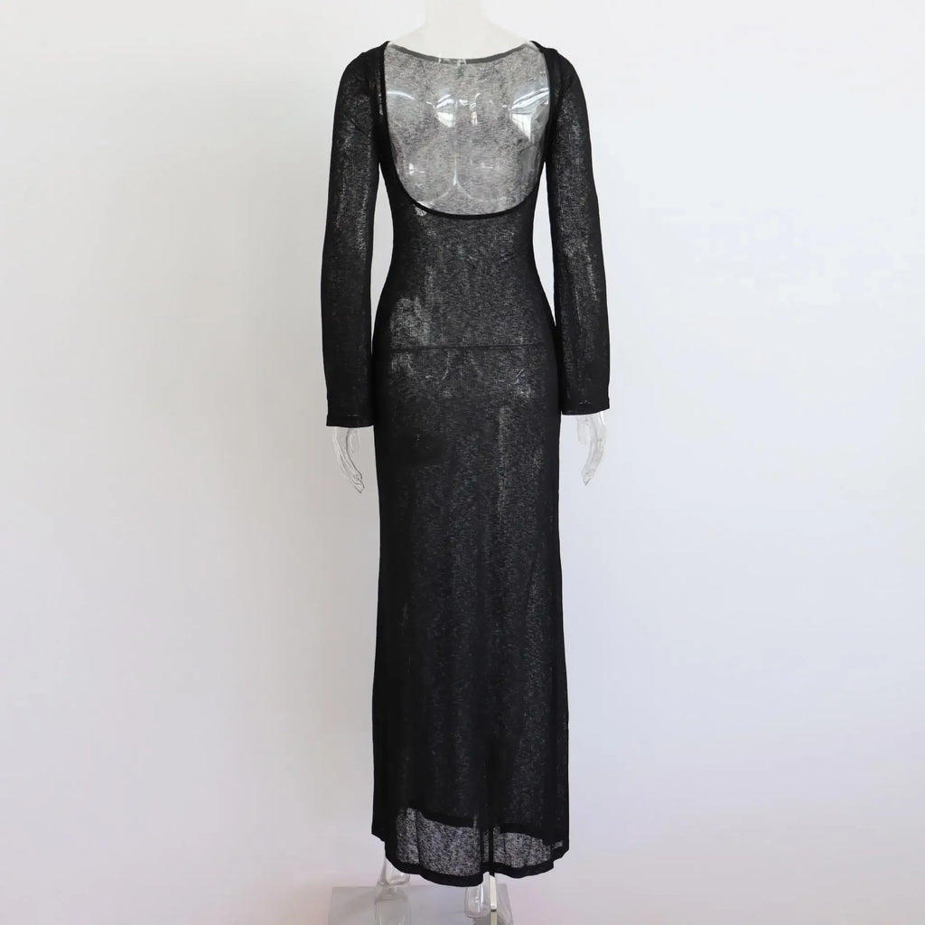 White Backless See-through Long Dress Women's Summer Slim High Waist Spliced Long Sleeve Solid Color Beach Long Dress