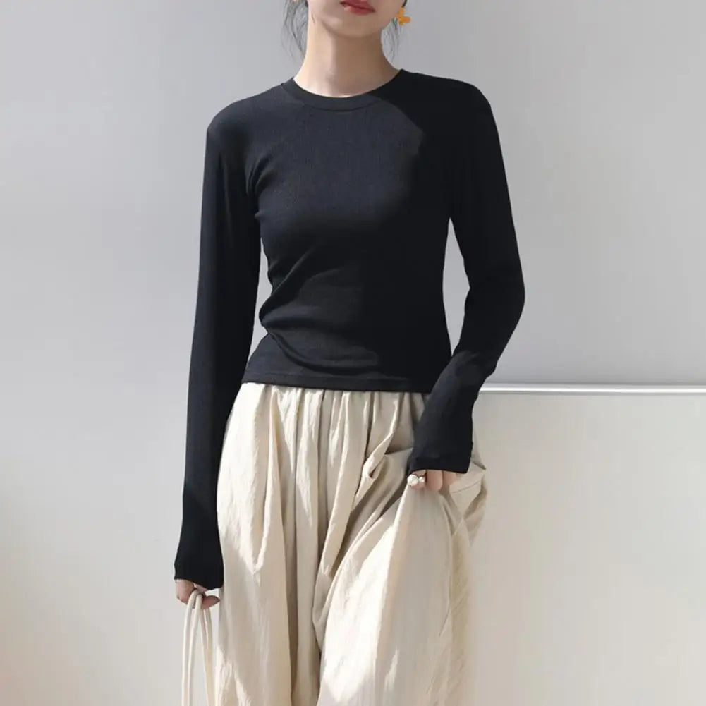 Women T-shirt Sexy Cropped Tops Solid Color Cotton Tee Shirt Autumn Casual Skinny Slim Basic T Shirts Bottom Long Sleeved Tops