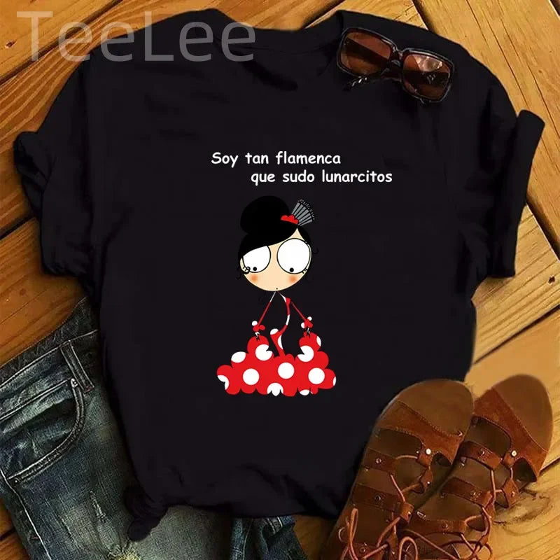 Women T Shirt Flamengo Dance Cartoon Girl Printed Shirts Fashion O-neck Femme Tshirts Cute Tops Tees Women Aesthetic Clothes