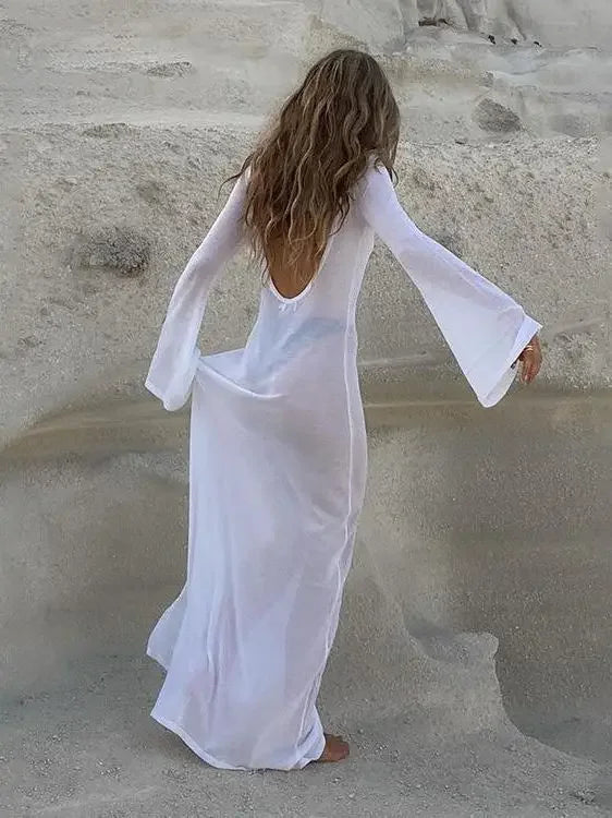 White Backless See-through Long Dress Women's Summer Slim High Waist Spliced Long Sleeve Solid Color Beach Long Dress