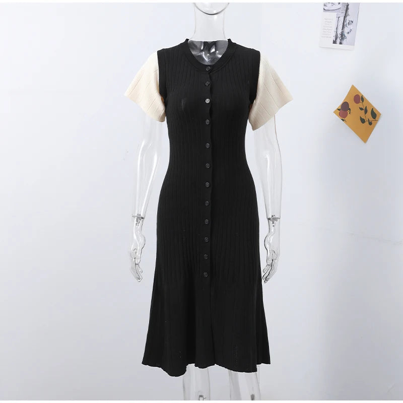 Elegant Knitted Dress Women Solid Single Breasted O Neck Short Sleeve High Waist Hip Package Dresses 2025 Autumn Chic Robes Lady